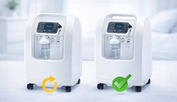 Oxygen concentrator rental vs purchase comparison – side by side comparison of renting and buying a home oxygen concentrator showing cost benefits, flexibility, and maintenance advantages of oxygen concentrator rental over purchase for home oxygen therapy patients