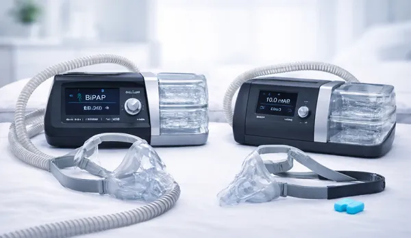 BiPAP vs CPAP key differences comparison – side by side comparison of BiPAP and CPAP machines showing pressure settings, therapy modes, and clinical applications for sleep apnea and respiratory disorder treatment at home